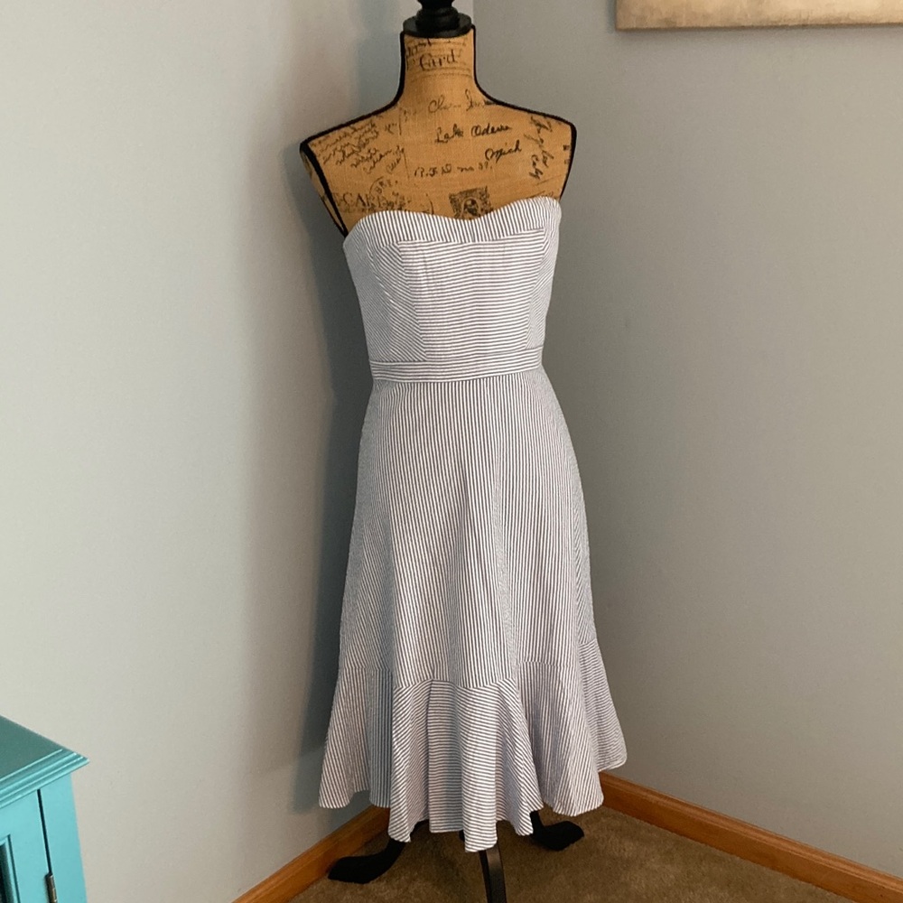 J. Crew  NWT Seersucker Strapless Dress in Blue and White Stripe Women Size 8